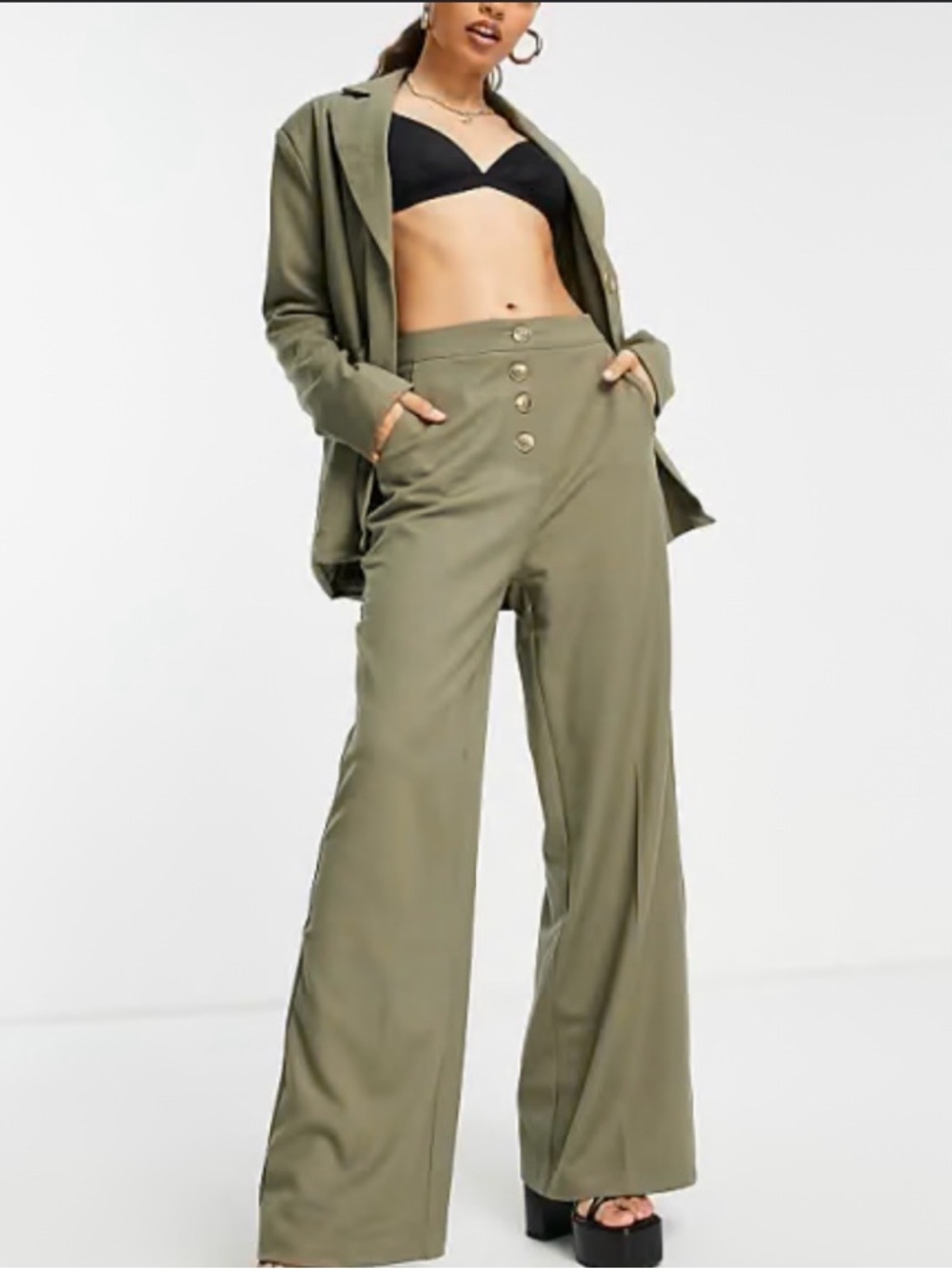 4th + Reckless Wide Leg Sage Olive High Rise Pants - Button Front